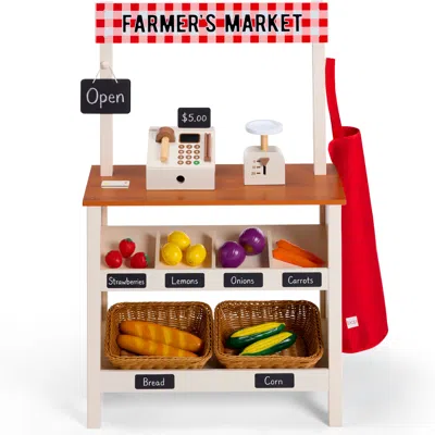 Best Choice Products Wooden Farmers Market Stand For Kids With 22 Play Food Accessories, Pretend Grocery Store In Red