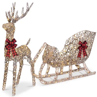 Best Choice Products Xl Lighted Christmas 5ft Reindeer & Sleigh Holiday Outdoor Decor Set W/265 Led Lights - Rattan In Gold