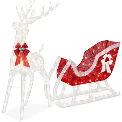 Best Choice Products Xl Lighted Christmas 5ft Reindeer & Sleigh Holiday Outdoor Decor Set W/265 Led Lights - White In Red