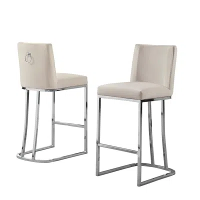 Best Quality Furniture 24" Velvet Counter Stool, Beige, Chrome Base (set Of 2) In Neutral
