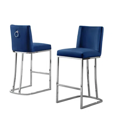 Best Quality Furniture 24" Velvet Counter Stool, Navy Blue, Chrome Base (set Of 2)