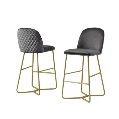 Best Quality Furniture 29" Dark Gray Velvet Barstool W/ Gold Color Iron Base (set Of 2)