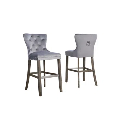Best Quality Furniture 29" Dark Grey Velvet Bar Stool With Wood Base In Green