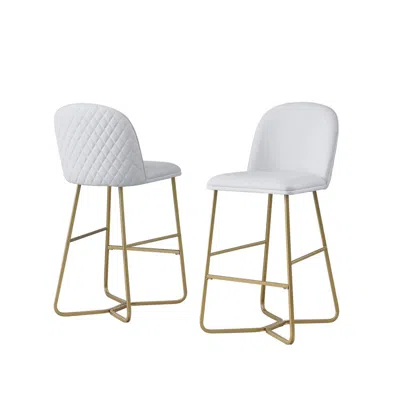 Best Quality Furniture 29" White Faux Leather Barstool W/ Gold Color Iron Base (set Of 2) In Multi