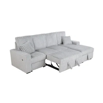 Best Quality Furniture 3 Piece Plush Corduroy Sectional With Pullout Loveseat Bed & Storage Chaise In Light Gray