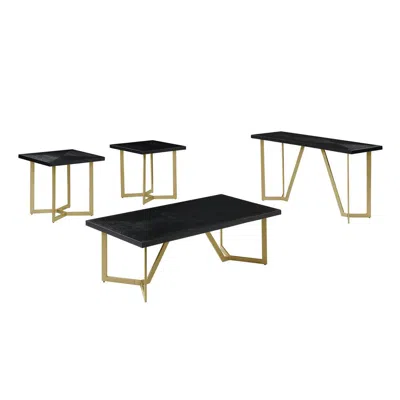 Best Quality Furniture 4pc Black Wood Top Coffee Table Set W/ Gold Color Iron Base (1 Coffee+2end+1console Table)