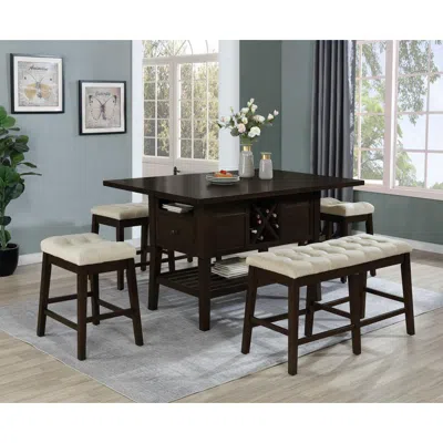 Best Quality Furniture 5 Piece Counter Height Dining Set, Cappuccino Color With Counter High Bench In Black