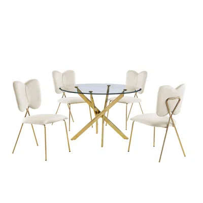 Best Quality Furniture 5pc Dining Set- Round Tempered Glass Dining Table With 4 Cream Velvet Chairs