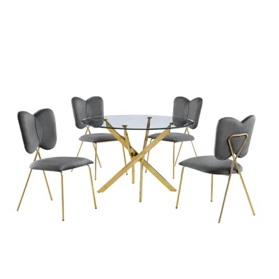 Best Quality Furniture 5pc Dining Set- Round Tempered Glass Dining Table With 4 Dark Grey Velvet Chairs In Gray