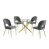 Best Quality Furniture 5pc Dining Set- Round, Tempered Glass Dining Table With 4 Dark Grey Velvet Chairs In Gray
