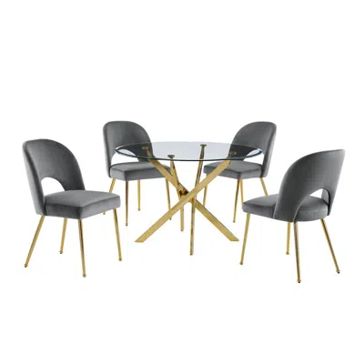 Best Quality Furniture 5pc Dining Set- Round, Tempered Glass Dining Table With 4 Dark Grey Velvet Chairs In Gray