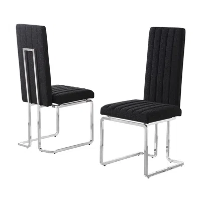 Best Quality Furniture Black Boucle Fabric Silver Chrome Base Tall Back Rest Dining Chairs (set Of 2)