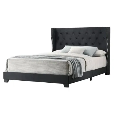 Best Quality Furniture Black Velvet Uph. Panel Bed Tufted Buttons Side Studs, Queen