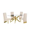 Best Quality Furniture Contemporary 5pc Dining Set, Glass Dining Table W/stainless Steel Gold Base & Velvet Pleated Chrome  In Neutral