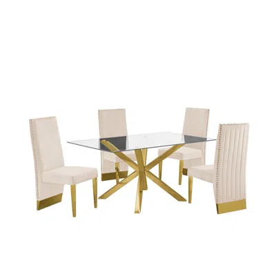 Best Quality Furniture Contemporary 5pc Dining Set, Glass Dining Table W/stainless Steel Gold Base & Velvet Pleated Chrome 