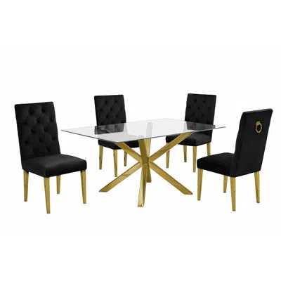 Best Quality Furniture Contemporary 5pc Dining Set, Glass Dining Table W/stainless Steel Gold Base & Velvet Tufted Chrome L