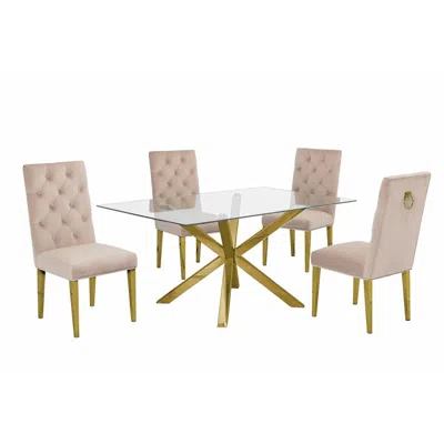 Best Quality Furniture Contemporary 5pc Dining Set, Glass Dining Table W/stainless Steel Gold Base & Velvet Tufted Chrome L In Neutral