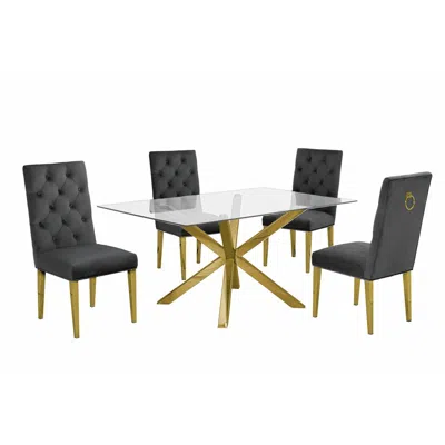Best Quality Furniture Contemporary 5pc Dining Set, Glass Dining Table W/stainless Steel Gold Base & Velvet Tufted Chrome L