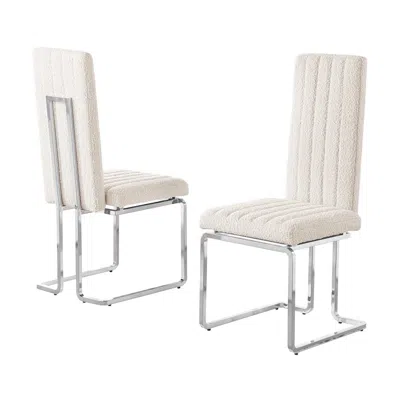 Best Quality Furniture Cream Boucle Fabric Silver Chrome Base Tall Back Rest Dining Chairs (set Of 2)