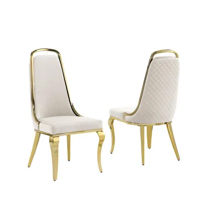 Best Quality Furniture Cream Velvet High Back Chair With Gold Chrome Trim, Set Of 2