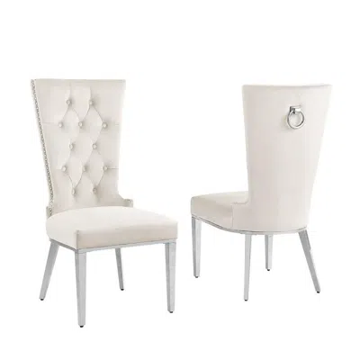 Best Quality Furniture Cream Velvet Side Chair With Silver Stainless Steel Base (set Of 2) In White