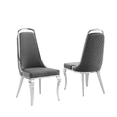 Best Quality Furniture Dark Grey Velvet High Back Chair With Silver Chrome Trim, Set Of 2 In Gray