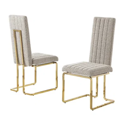 Best Quality Furniture Gray Boucle Fabric With Gold Chrome Base Tall Back Rest Dining Chairs (set Of 2)