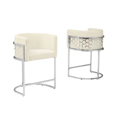Best Quality Furniture Honeycomb Back Barrel Chair In Cream With Silver Base, Set Of 2
