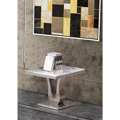 Best Quality Furniture Marble Top End Table With Stainless Steel Base In Gray