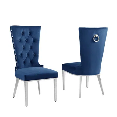 Best Quality Furniture Navy Blue Velvet Side Chair With Silver Stainless Steel Base (set Of 2)