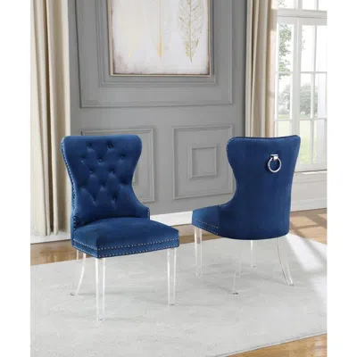 Best Quality Furniture Navy Blue Velvet Tufted Dining Side Chairs, Acrylic Legs - Set Of 2