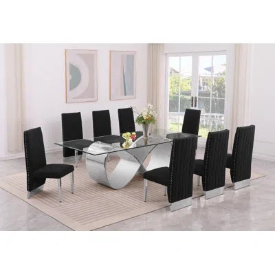 Best Quality Furniture Tempered Glass Dining Set With Boucle Fabric Side Chairs In Black,silver