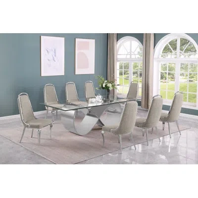Best Quality Furniture Tempered Glass Dining Set With Boucle Fabric Side Chairs In Gray,silver