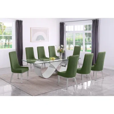 Best Quality Furniture Tempered Glass Dining Set With Pleated Back Side Chairs In Green,silver