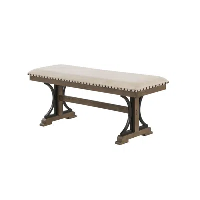 Best Quality Furniture Upholstered Dining Bench In Brown Oak And Beige Fabric