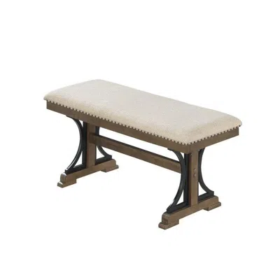 Best Quality Furniture Upholstered Dining Bench In Brown Oak And Beige Fabric