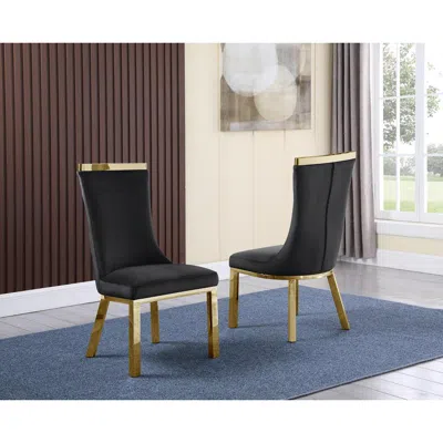 Best Quality Furniture Upholstered Dining Chairs Set Of 2 In Black Velvet Fabric With Gold Colored Stainless Steel Base
