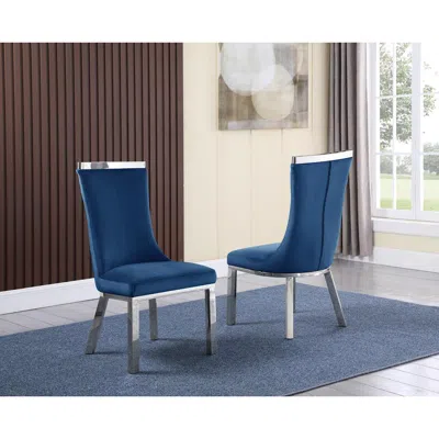 Best Quality Furniture Upholstered Dining Chiars Set Of 2 In Navy Blue Velvet Fabric With Stainless Steel Base