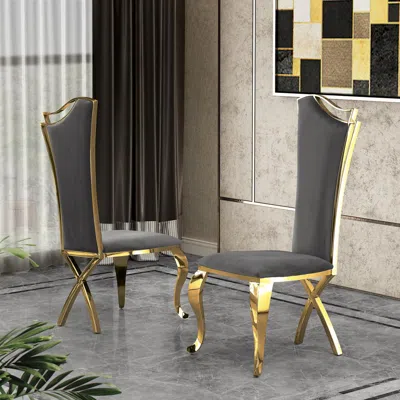 Best Quality Furniture Velvet Side Chair Set Of 2, Stainless Steel Gold Legs, Dark Gray