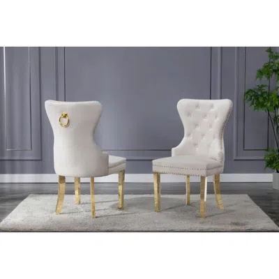Best Quality Furniture Velvet Tufted Side Chair Set Of 2, Stainless Steel Gold Legs, Beige In White