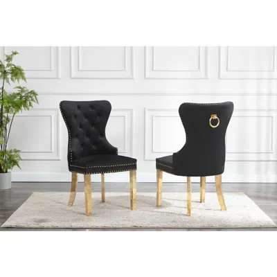Best Quality Furniture Velvet Tufted Side Chair Set Of 2, Stainless Steel Gold Legs, Black