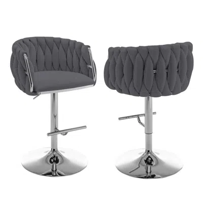 Best Quality Furniture Velvet Upholstered Barstool In Dark Gray With Silver Color Base (set Of 2)