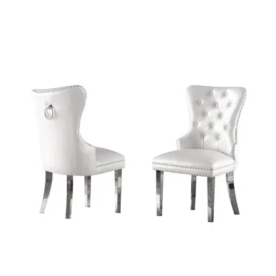 Best Quality Furniture White Faux Leather Tufted Dining Side Chairs, Stainless Steel Legs - Set Of 2