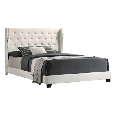 Best Quality Furniture White Faux Leather Uph. Panel Bed Tufted Buttons Side Studs, Full