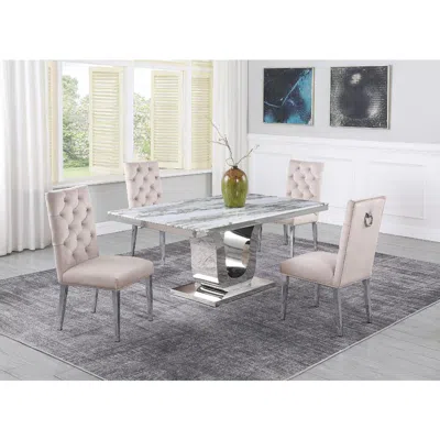 Best Quality Furniture White Marble 5pc Set Ring Chairs In Beige Velvet In Neutral