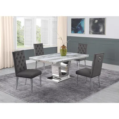 Best Quality Furniture White Marble 5pc Set Ring Chairs In Dark Grey Velvet
