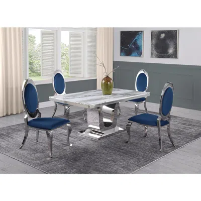 Best Quality Furniture White Marble 5pc Set Stainless Steel Chairs In Navy Blue Velvet