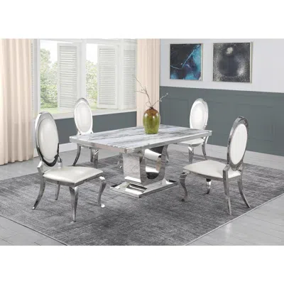 Best Quality Furniture White Marble 5pc Set Stainless Steel Chairs In White Faux Leather