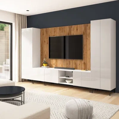 Bestar 141w Modular Entertainment Center With Tv Stand, Cabinet, Tall Storage Cabinets, Large Wall Panel