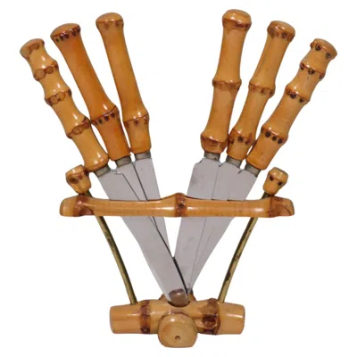 Pre-owned Bestecke Solingen Bamboo Fruit Cutlery In Holder, Solingen Germany 1950 In Brown